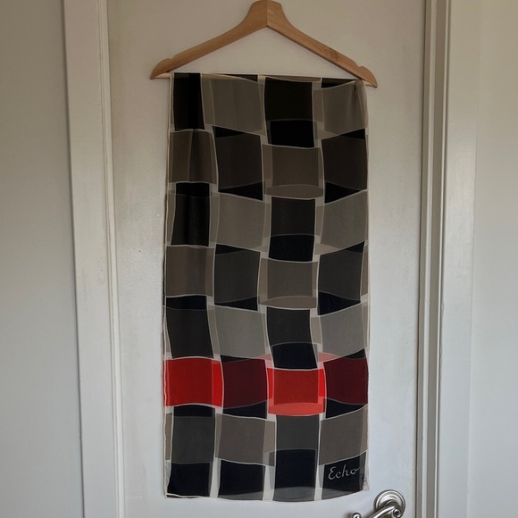 Vintage Echo Modern Geometric Sheer Silk Long Silk Scarf  Black, Gray, Red - Picture 1 of 9